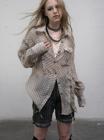 NO ROMANCE Vintage Punk Sheer Chiffon Dot Checkered Oversized Shirt