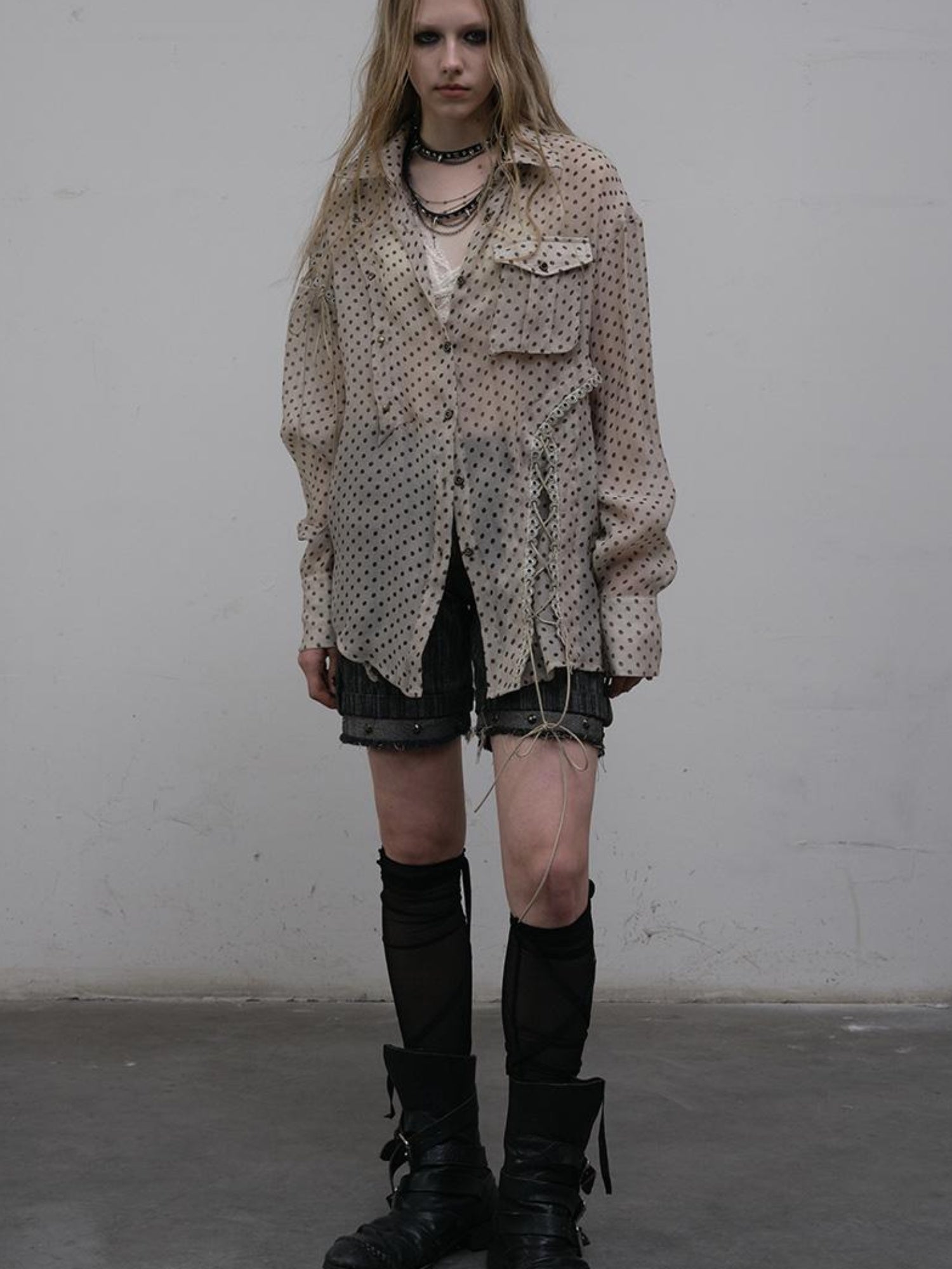 NO ROMANCE Vintage Punk Sheer Chiffon Dot Checkered Oversized Shirt
