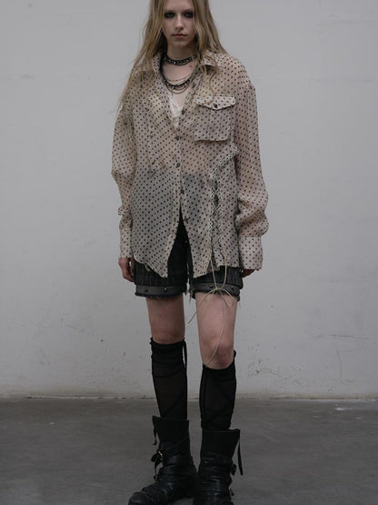 NO ROMANCE Vintage Punk Sheer Chiffon Dot Checkered Oversized Shirt