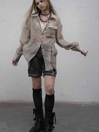 NO ROMANCE Vintage Punk Sheer Chiffon Dot Checkered Oversized Shirt