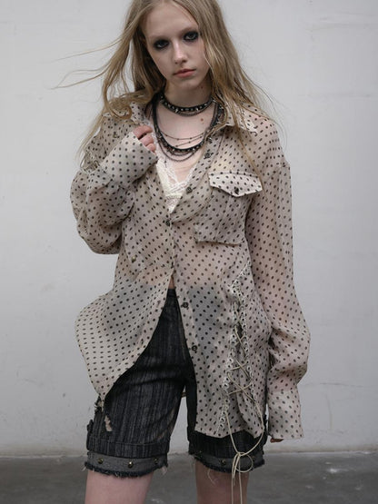 NO ROMANCE Vintage Punk Sheer Chiffon Dot Checkered Oversized Shirt