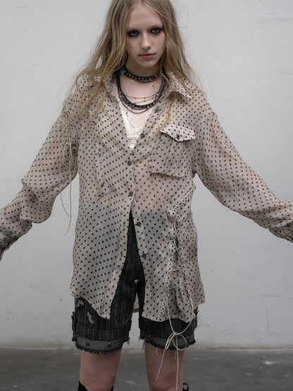NO ROMANCE Vintage Punk Sheer Chiffon Dot Checkered Oversized Shirt