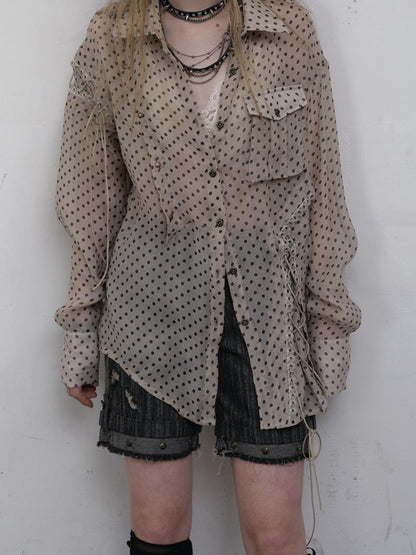 NO ROMANCE Vintage Punk Sheer Chiffon Dot Checkered Oversized Shirt