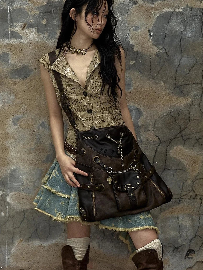 Vintage Punk Shoulder Bag With Chains &amp; Studs For Women