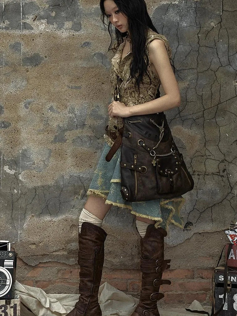 Vintage Punk Shoulder Bag With Chains &amp; Studs For Women