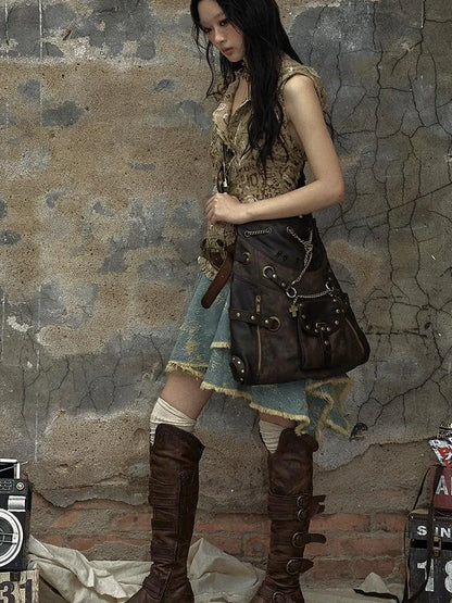 Vintage Punk Shoulder Bag With Chains &amp; Studs For Women