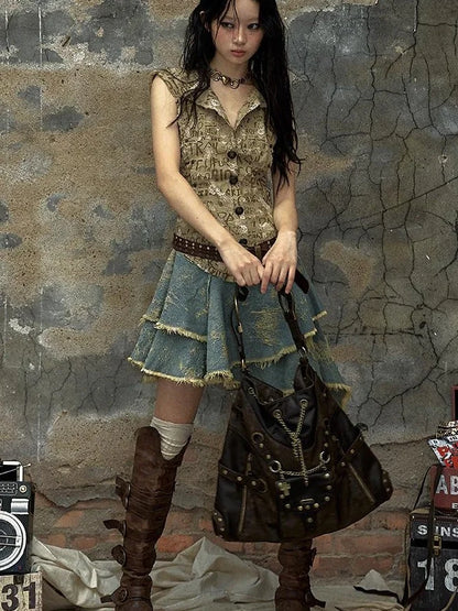 Vintage Punk Shoulder Bag With Chains &amp; Studs For Women