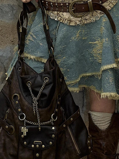 Vintage Punk Shoulder Bag With Chains &amp; Studs For Women