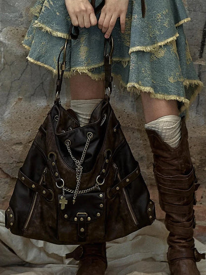Vintage Punk Shoulder Bag With Chains &amp; Studs For Women