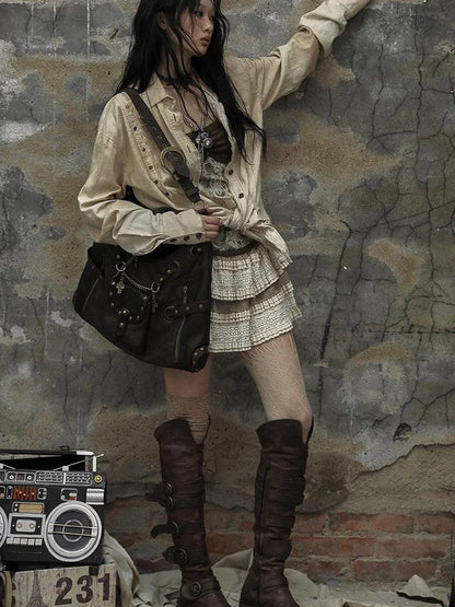 Vintage Punk Shoulder Bag With Chains &amp; Studs For Women