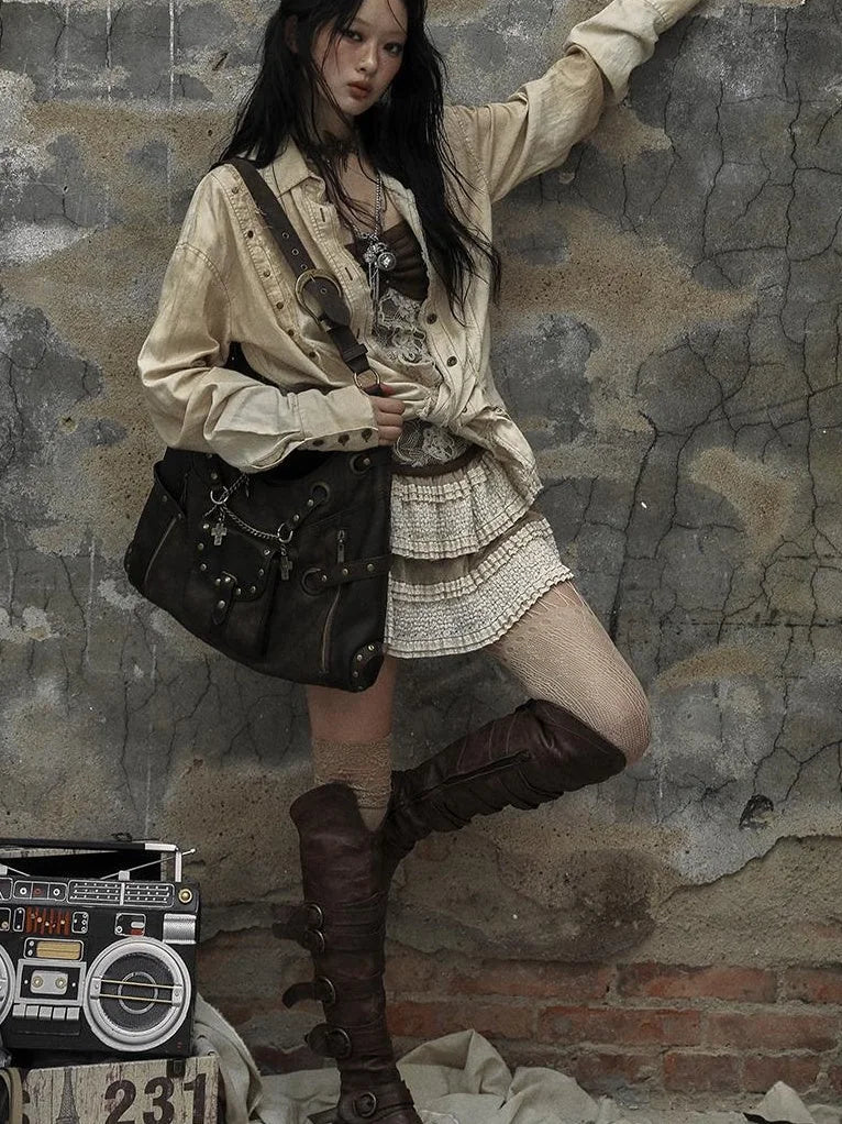 Vintage Punk Shoulder Bag With Chains &amp; Studs For Women