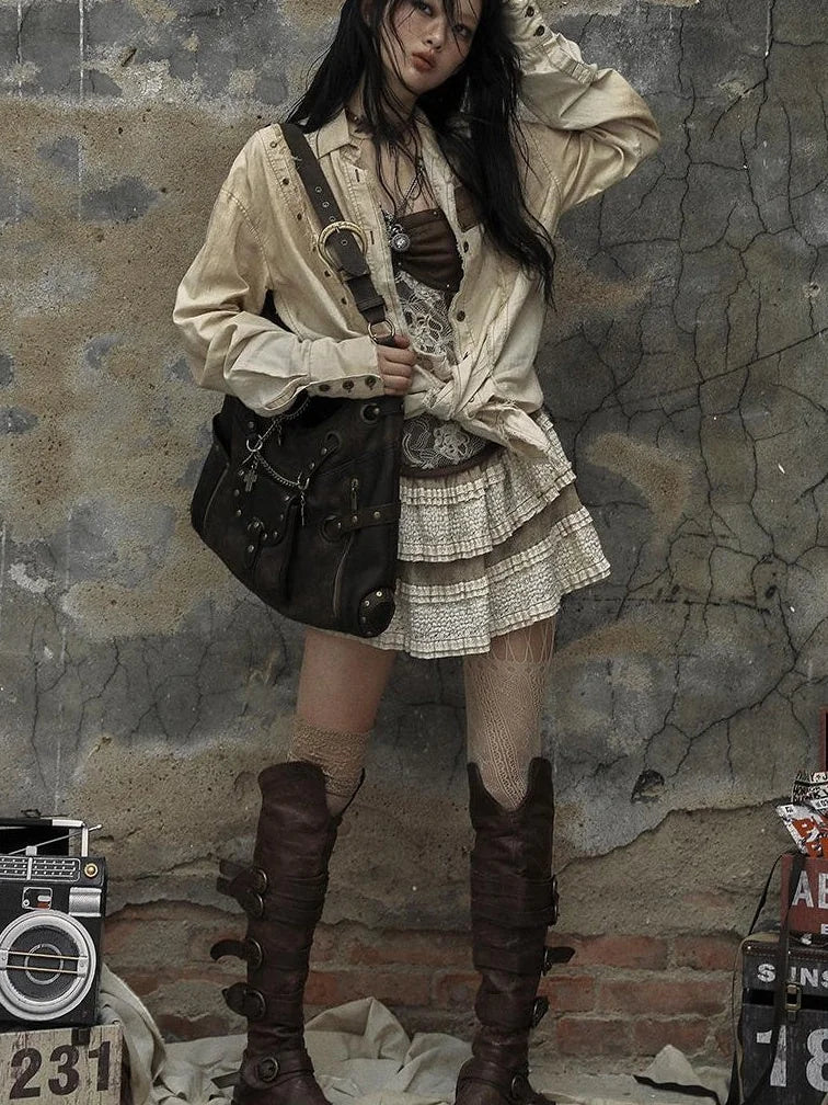 Vintage Punk Shoulder Bag With Chains &amp; Studs For Women