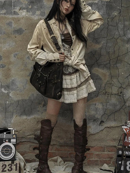 Vintage Punk Shoulder Bag With Chains &amp; Studs For Women