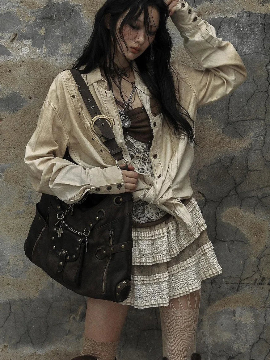 Vintage Punk Shoulder Bag With Chains &amp; Studs For Women