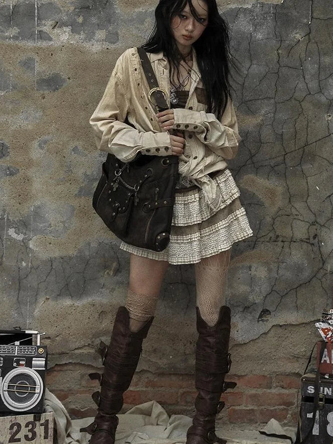 Vintage Punk Shoulder Bag With Chains &amp; Studs For Women