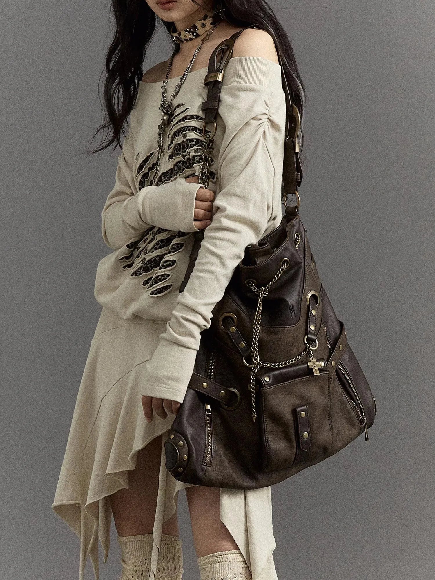 Vintage Punk Shoulder Bag With Chains &amp; Studs For Women