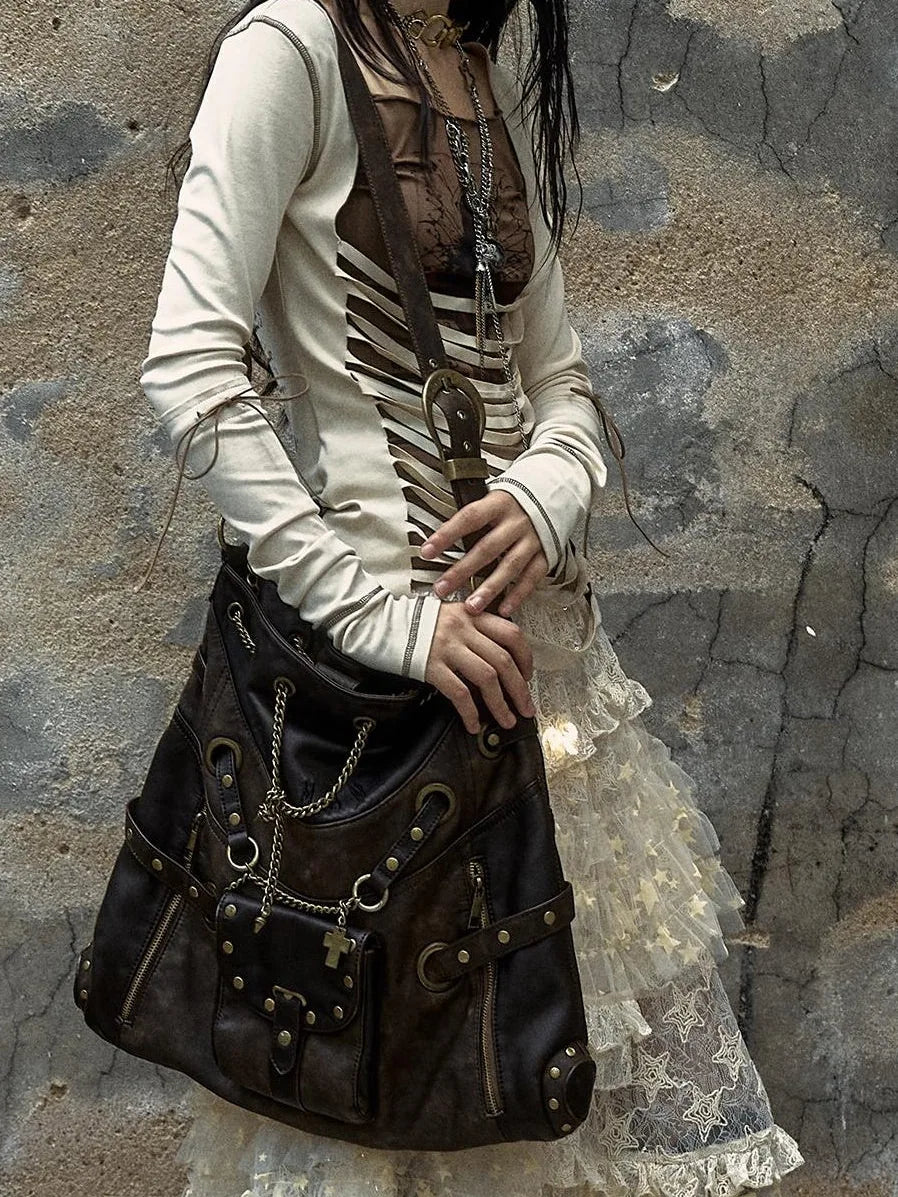 Vintage Punk Shoulder Bag With Chains &amp; Studs For Women