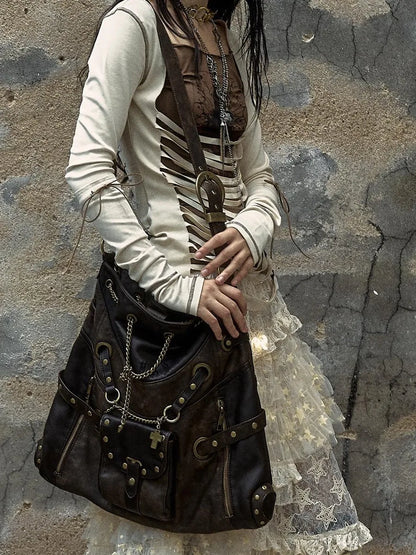 Vintage Punk Shoulder Bag With Chains &amp; Studs For Women