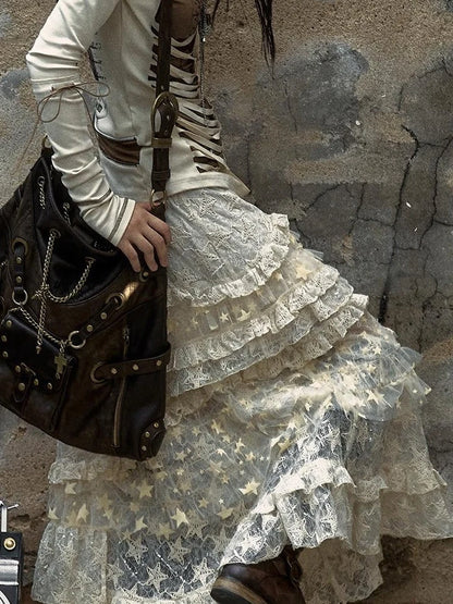 Vintage Punk Shoulder Bag With Chains &amp; Studs For Women