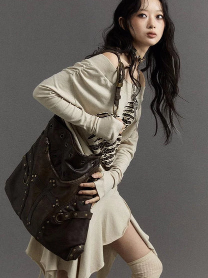 Vintage Punk Shoulder Bag With Chains &amp; Studs For Women