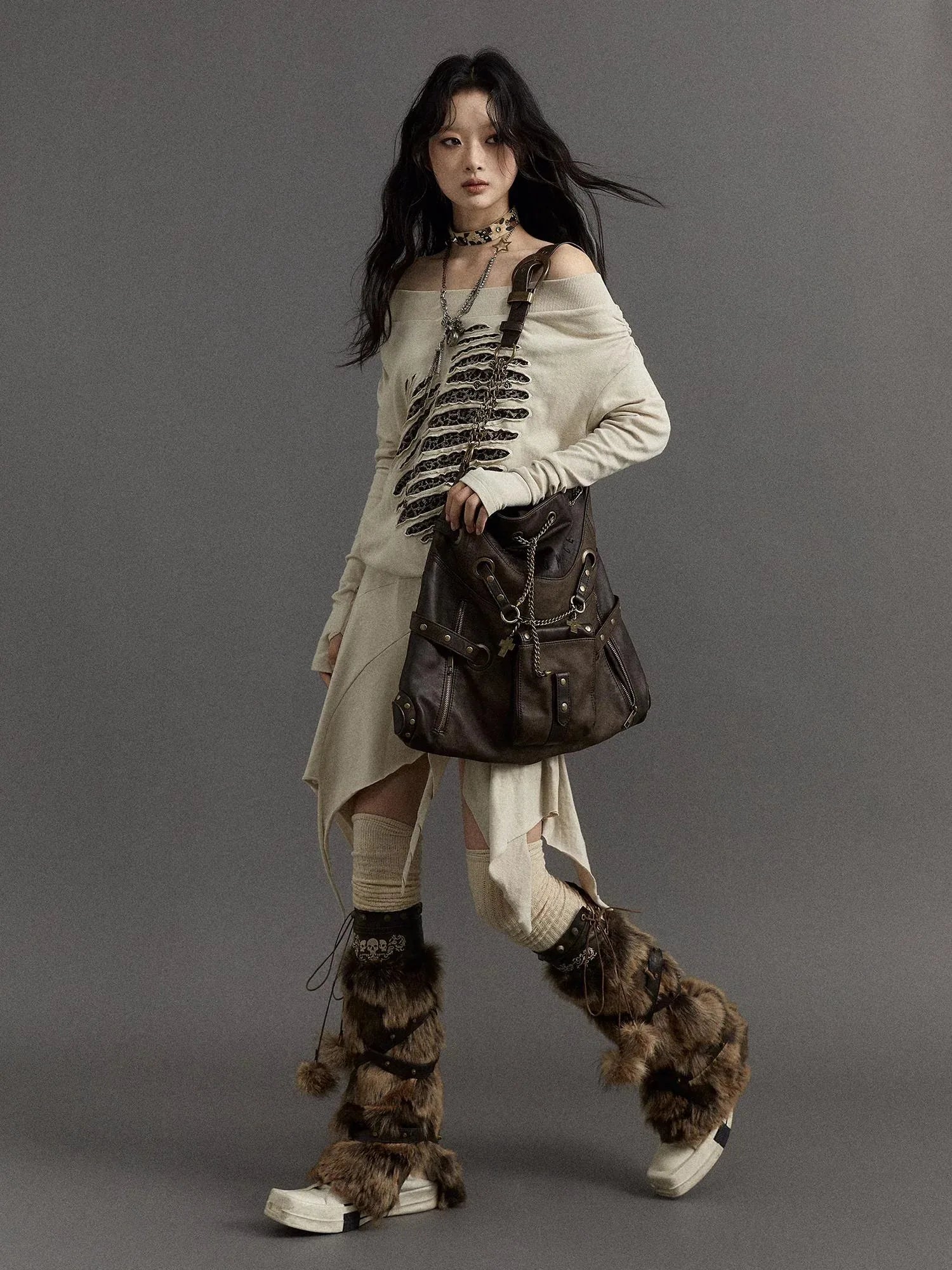 Vintage Punk Shoulder Bag With Chains &amp; Studs For Women