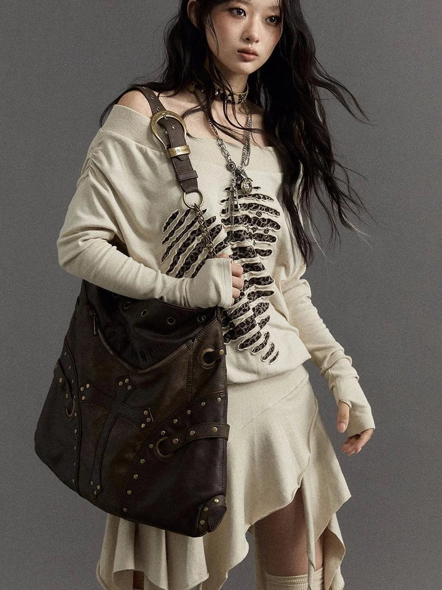 Vintage Punk Shoulder Bag With Chains &amp; Studs For Women