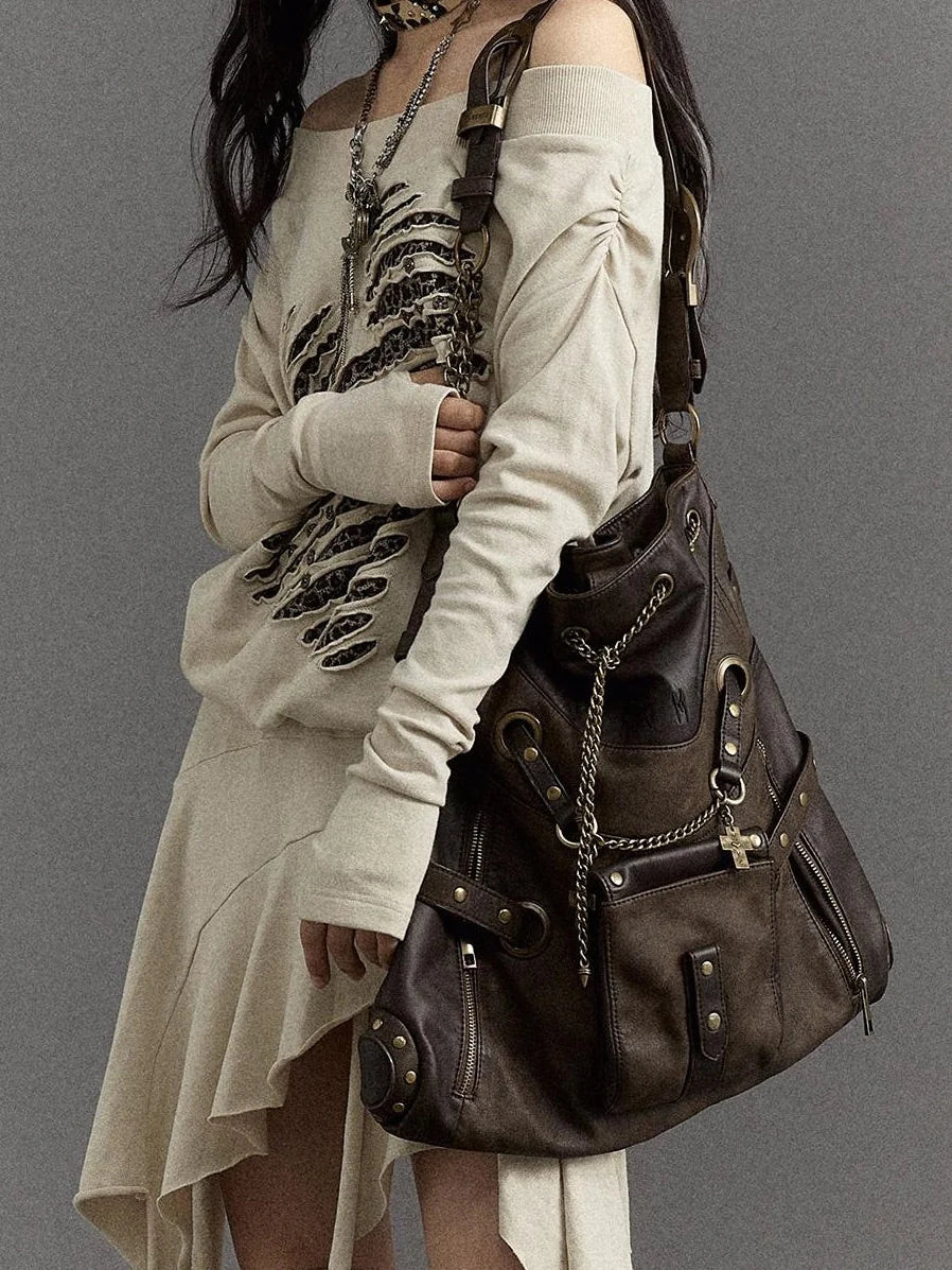 Vintage Punk Shoulder Bag With Chains &amp; Studs For Women