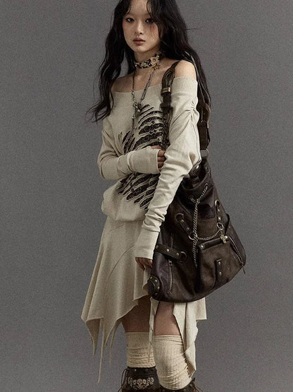 Vintage Punk Shoulder Bag With Chains &amp; Studs For Women