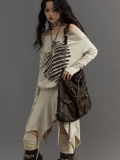 Vintage Punk Shoulder Bag With Chains &amp; Studs For Women