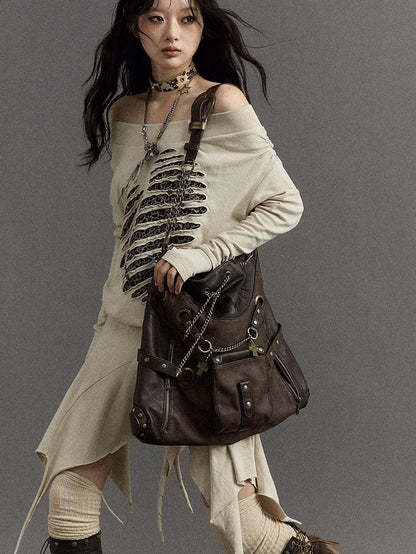 Vintage Punk Shoulder Bag With Chains &amp; Studs For Women