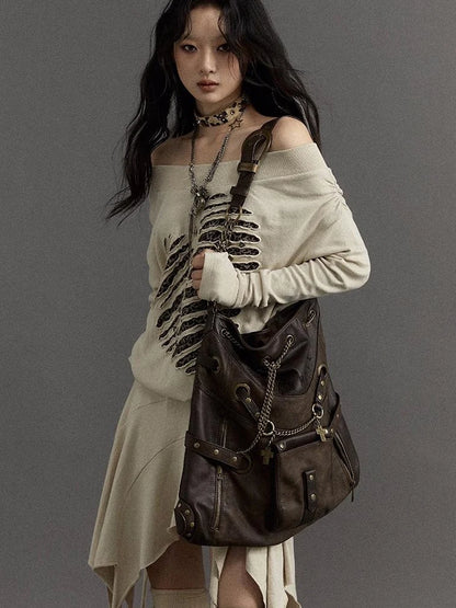 Vintage Punk Shoulder Bag With Chains &amp; Studs For Women