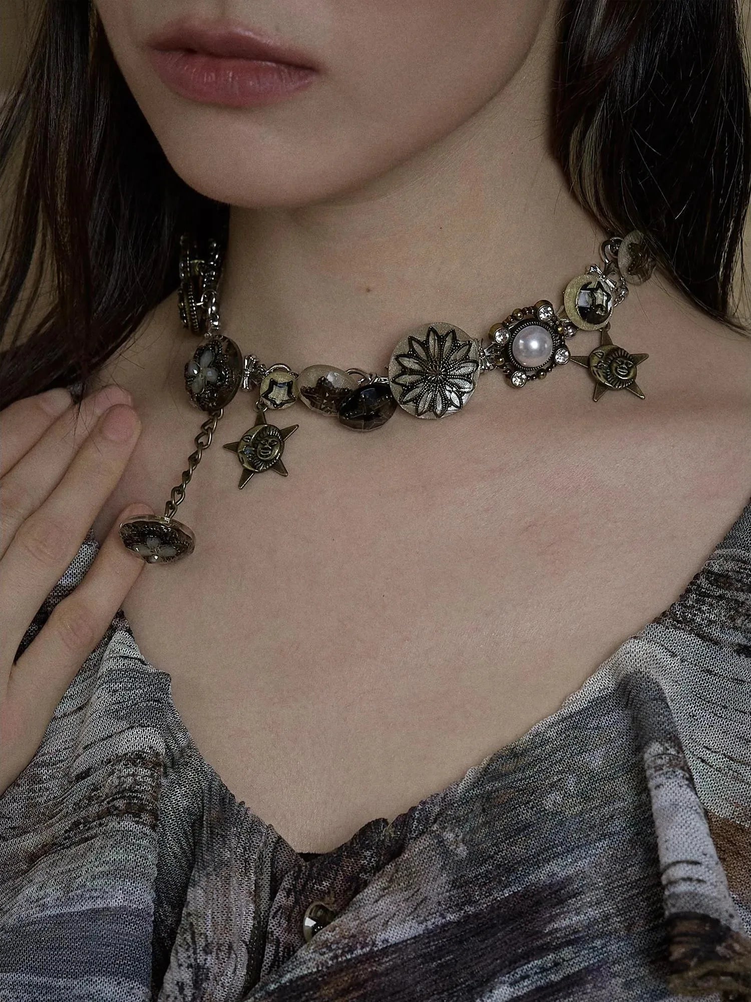 Vintage Punk Star Button Necklace For Women