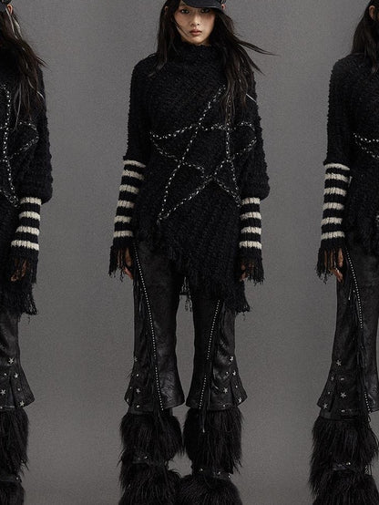 Vintage Punk Star Striped Loose Knit Sweater Women
