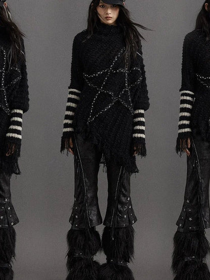 Vintage Punk Star Striped Loose Knit Sweater Women