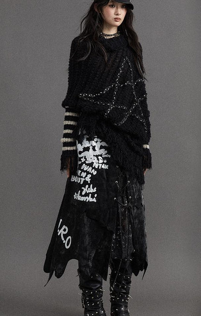 Vintage Punk Star Striped Loose Knit Sweater Women