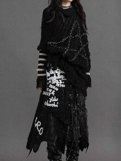 Vintage Punk Star Striped Loose Knit Sweater Women