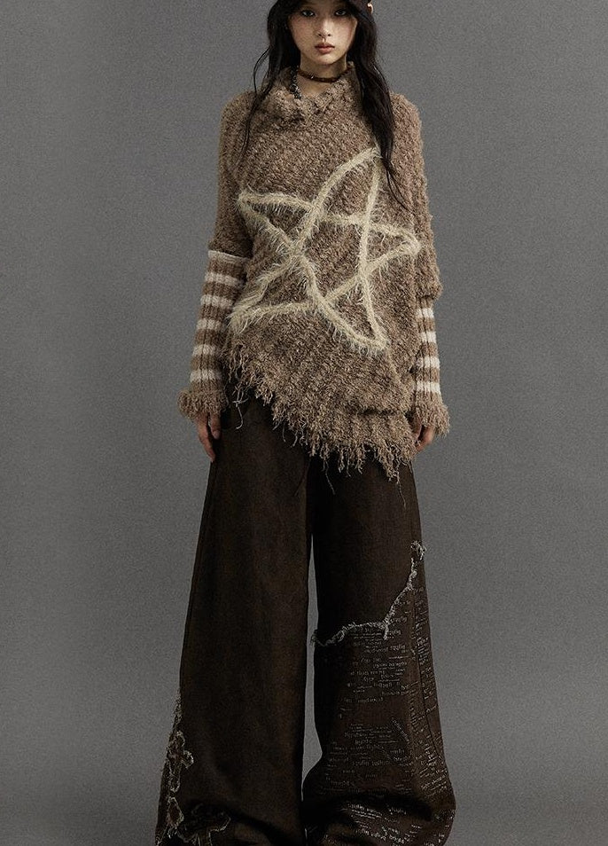 Vintage Punk Star Striped Loose Knit Sweater Women