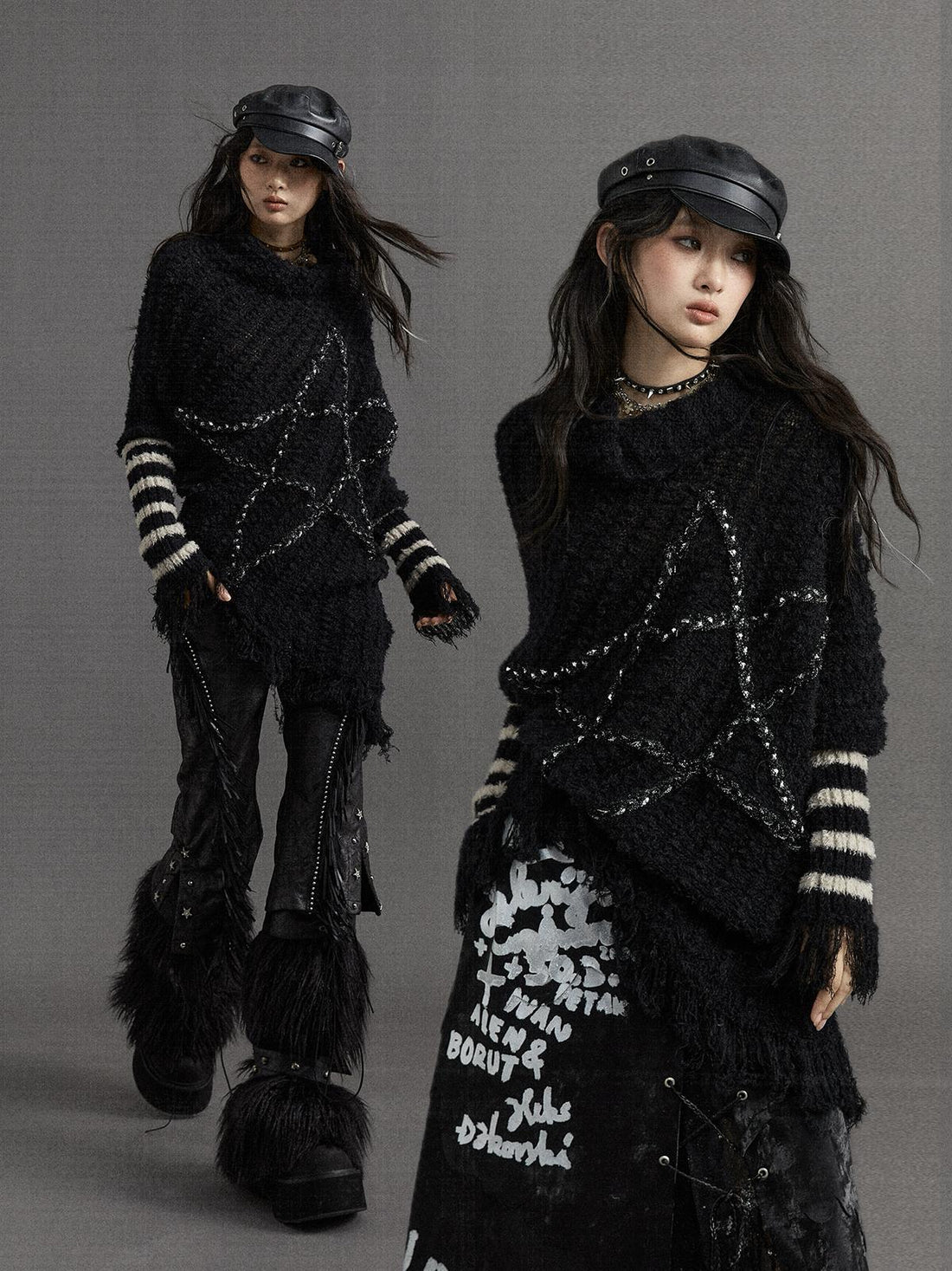 Vintage Punk Star Striped Loose Knit Sweater Women