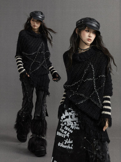Vintage Punk Star Striped Loose Knit Sweater Women