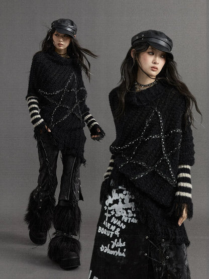 Vintage Punk Star Striped Loose Knit Sweater Women