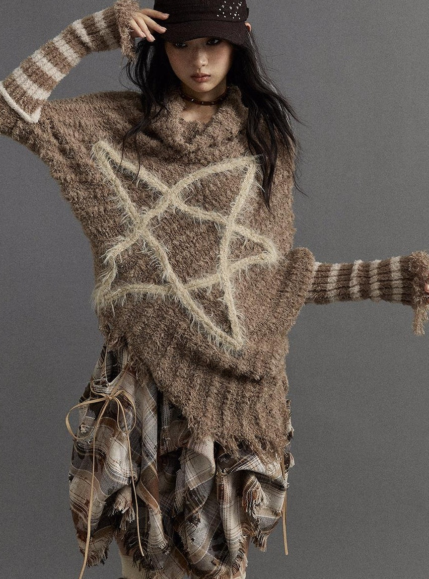 Vintage Punk Star Striped Loose Knit Sweater Women