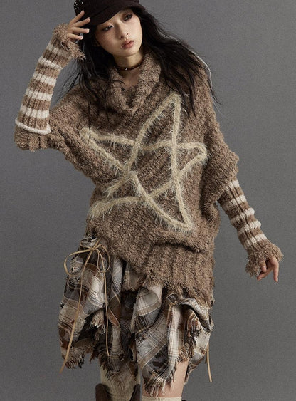 Vintage Punk Star Striped Loose Knit Sweater Women
