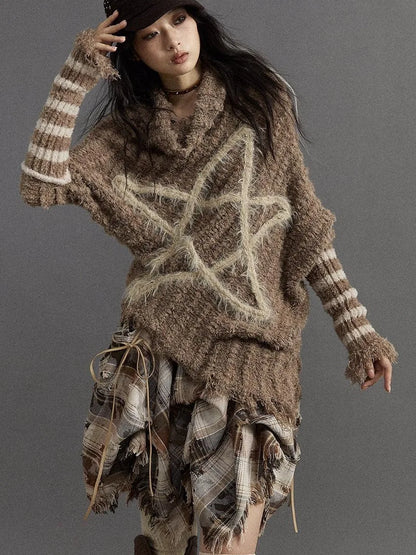 Vintage Punk Star Striped Loose Knit Sweater Women