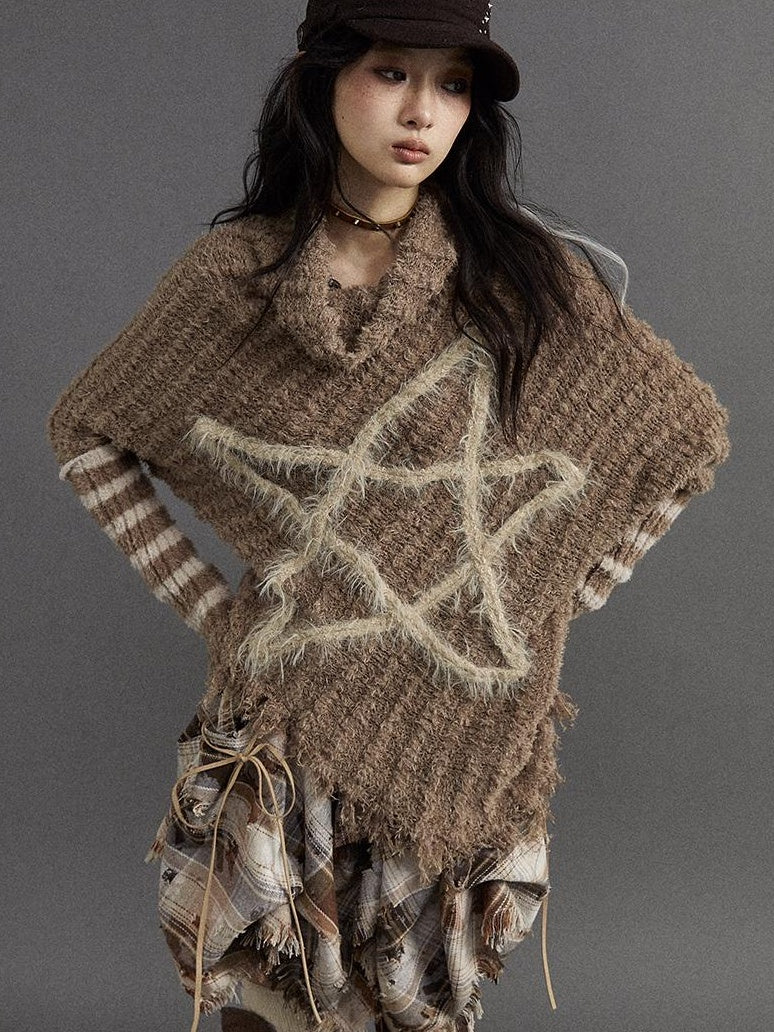 Vintage Punk Star Striped Loose Knit Sweater Women