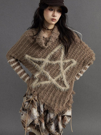 Vintage Punk Star Striped Loose Knit Sweater Women