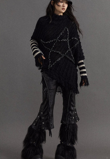 Vintage Punk Star Striped Loose Knit Sweater Women
