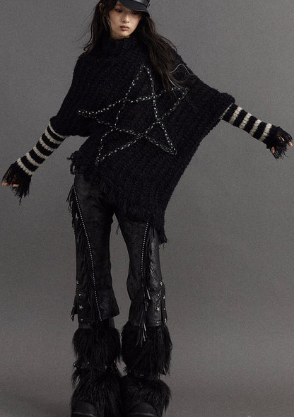 Vintage Punk Star Striped Loose Knit Sweater Women