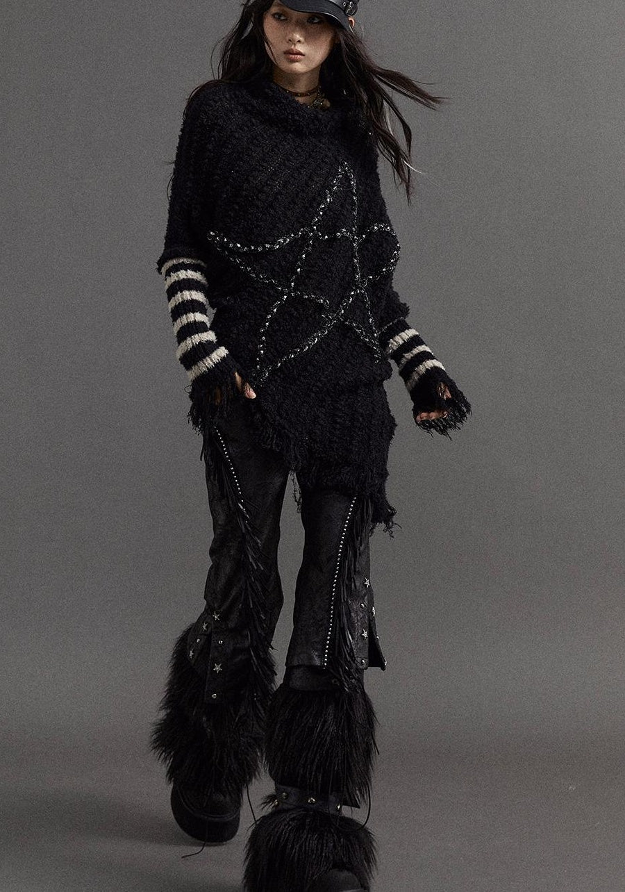 Vintage Punk Star Striped Loose Knit Sweater Women