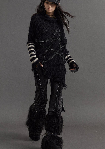 Vintage Punk Star Striped Loose Knit Sweater Women