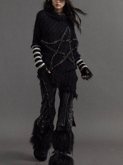 Vintage Punk Star Striped Loose Knit Sweater Women